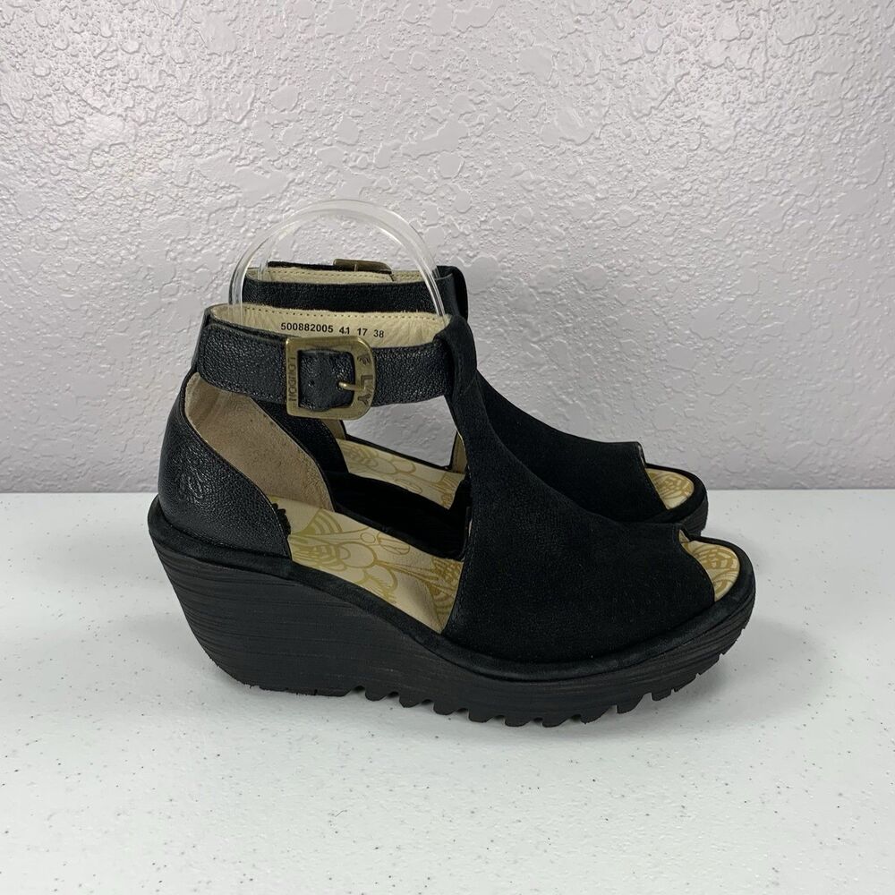 Fly London Yehi Wedges Womens 38 / 8 Black Perforated Suede Ankle Strap Buckle